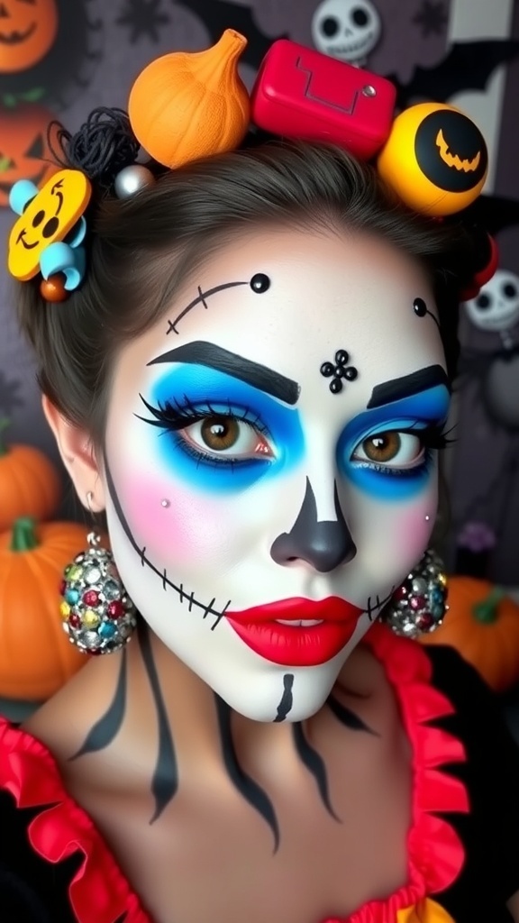 Uggy Buggy inspired makeup with bright colors and whimsical details, set against a Halloween backdrop.